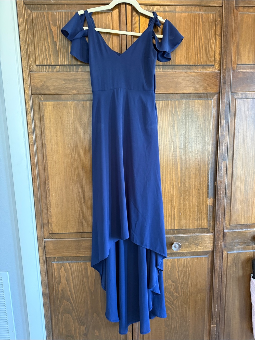 Express Navy Ruffle Cold-Shoulder High-Low Dress